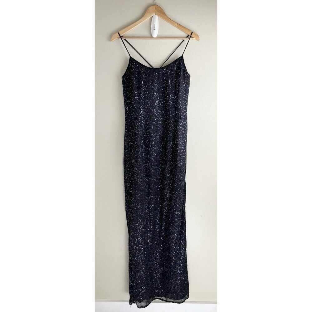 Reggio‎ Slip Dress Vintage Y2K Sz 6 Black Sequins Side Slit Strappy Formal Wear